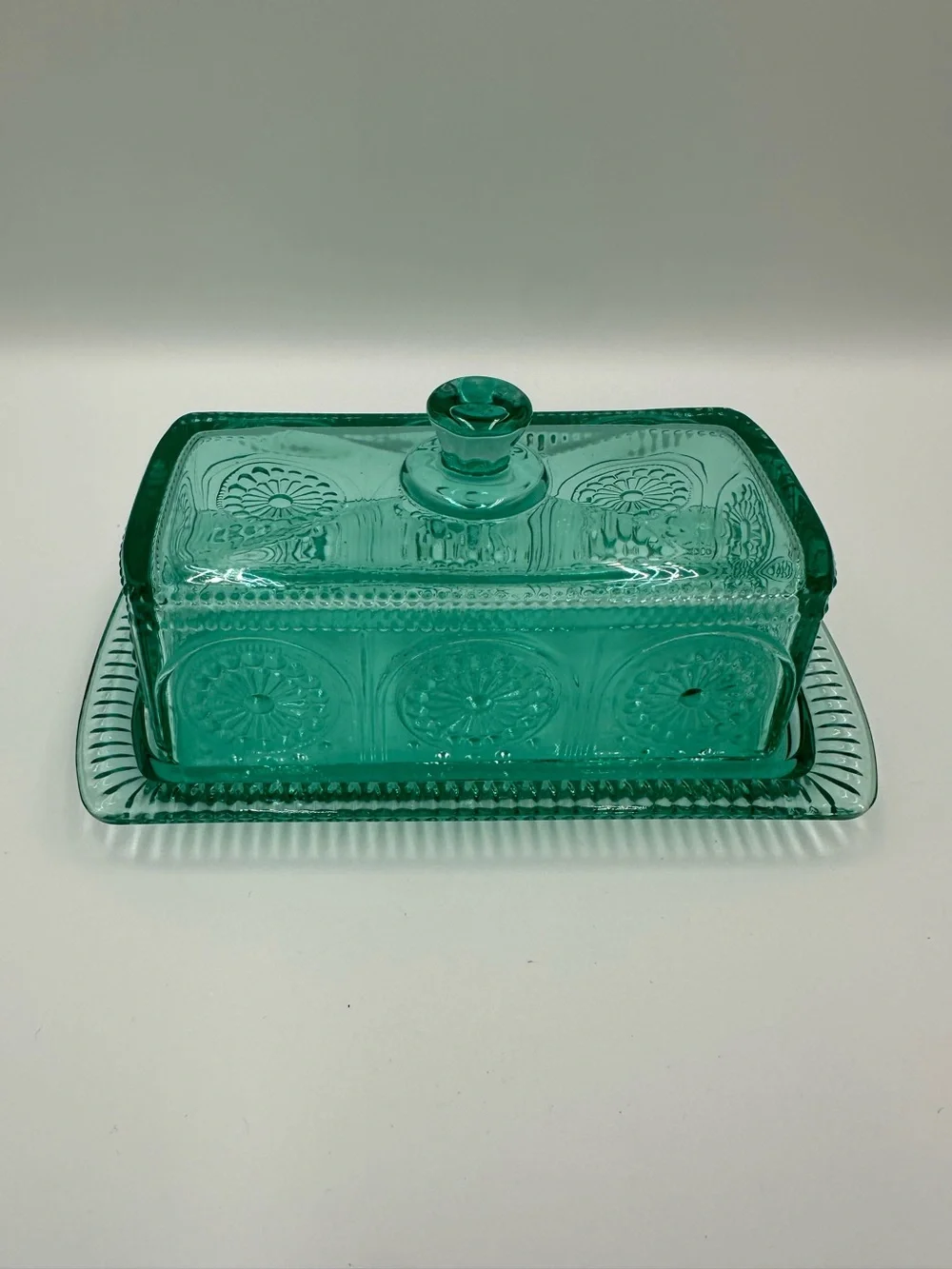 The Pioneer Woman Adeline Teal Embossed Glass Covered Butter Keeper Dish